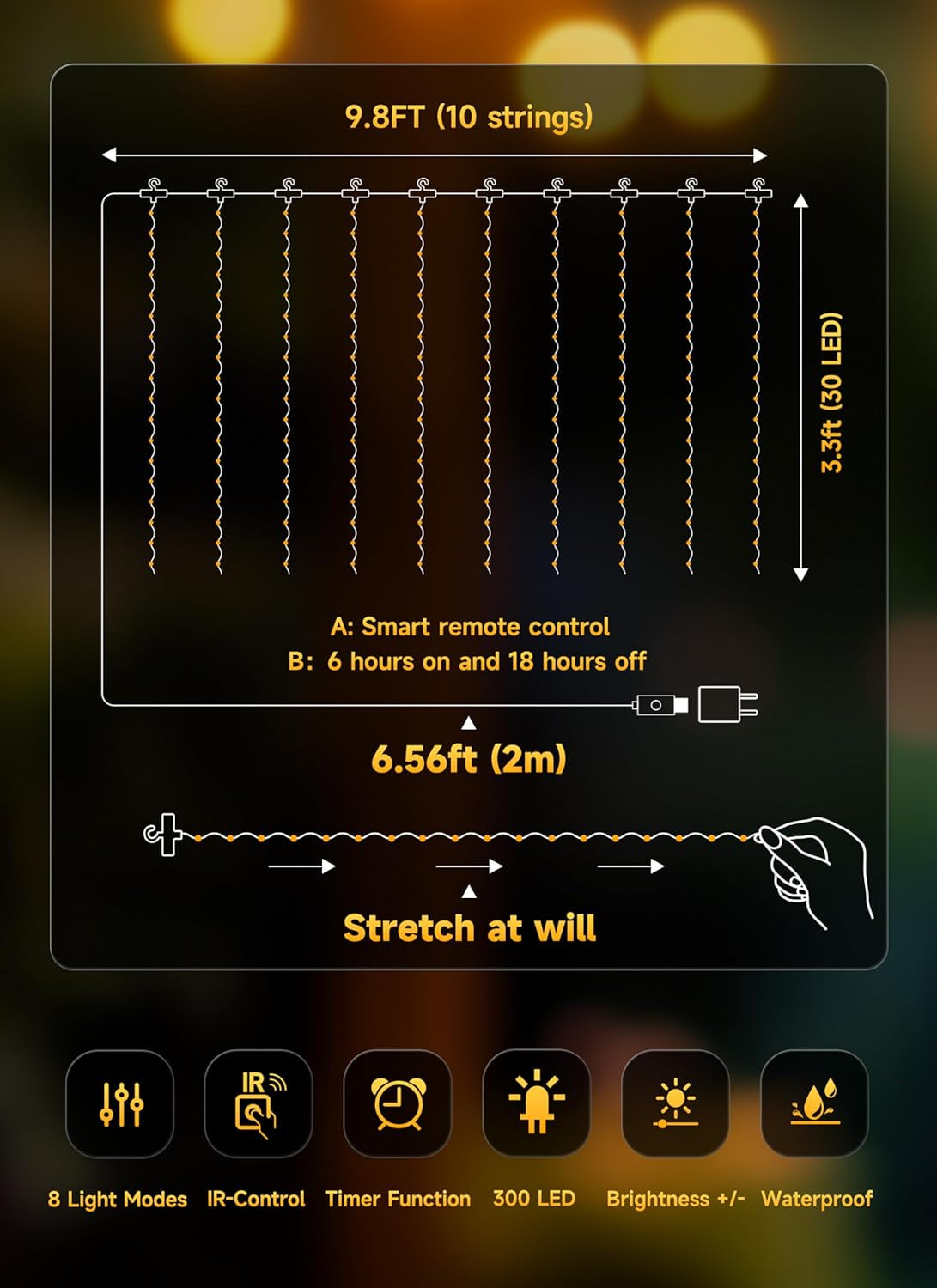 300 LED Curtain Lights, 9.8 FT Plug in Fairy Lights for Bedroom, 8 Lighting Modes, Christmas Hanging Lights for Window Backdrop Wall Wedding Party Birthday Christmas Decoration, Warm White