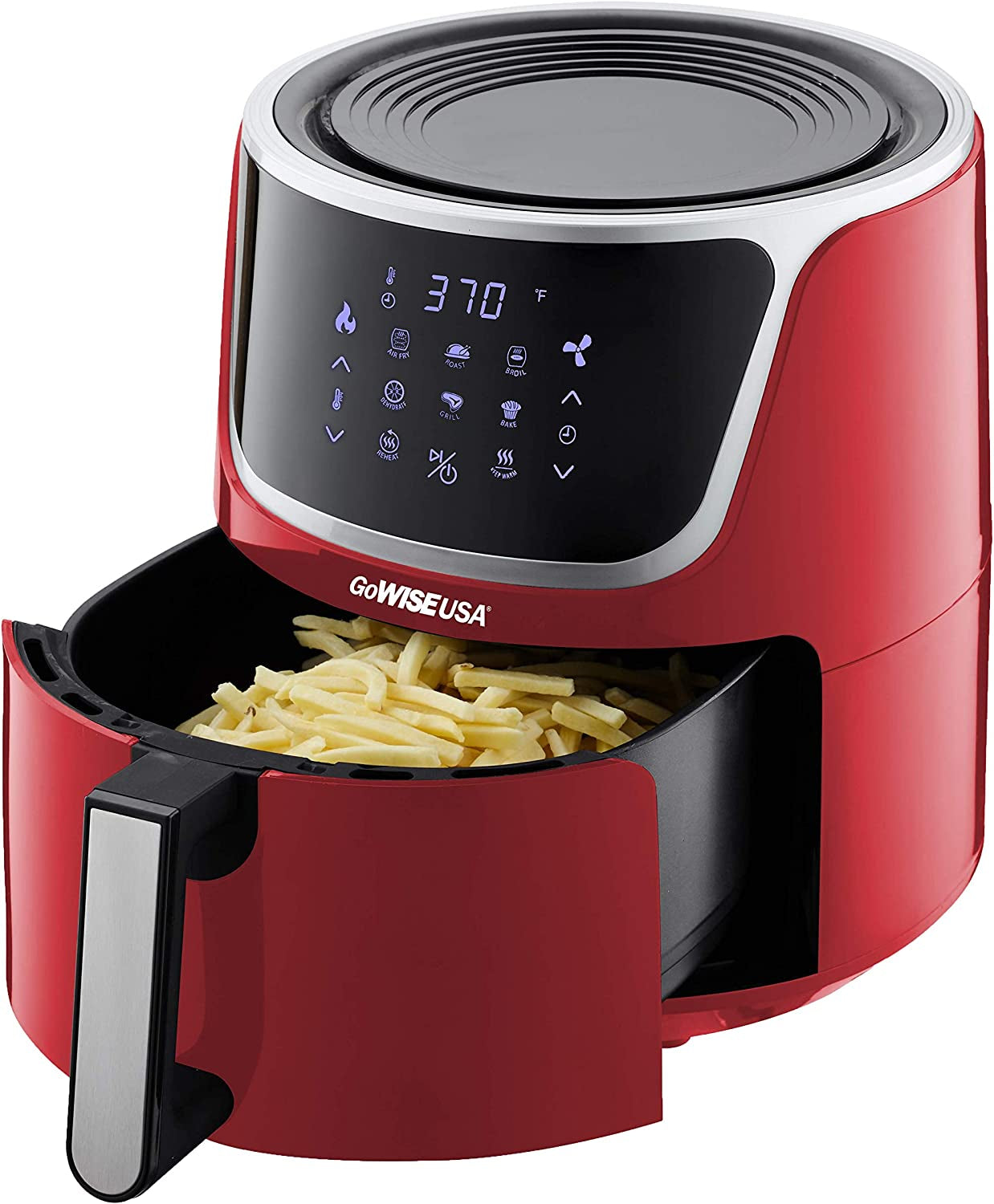 USA GW22957 7-Quart Electric Air Fryer with Dehydrator & 3 Stackable Racks, Digital Touchscreen with 8 Functions + Recipes, 7.0-Qt, Red/Silver